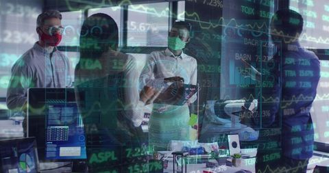 Masked Team Collaborating on Stock Market Strategy