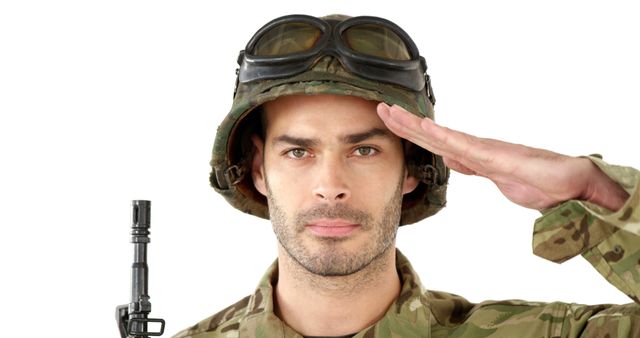 Male soldier wearing camouflage uniform and helmet, saluting with a serious expression. Suitable for military recruitment campaigns, honoring veterans, showcasing patriotism, or illustrating military service themes.