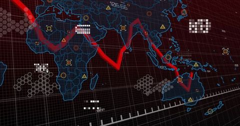 World Map with Downward Trend and Digital Icons on Screen