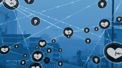 Digital Icons in Networking Over Urban Cityscape