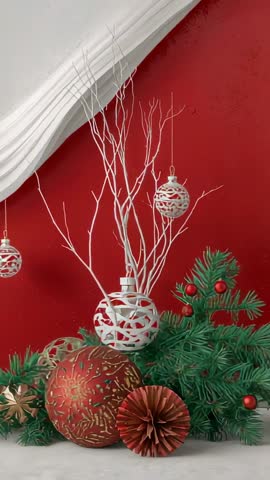 Sliding camera revealing festive holiday vignette with pine garland, red baubles, white ornaments