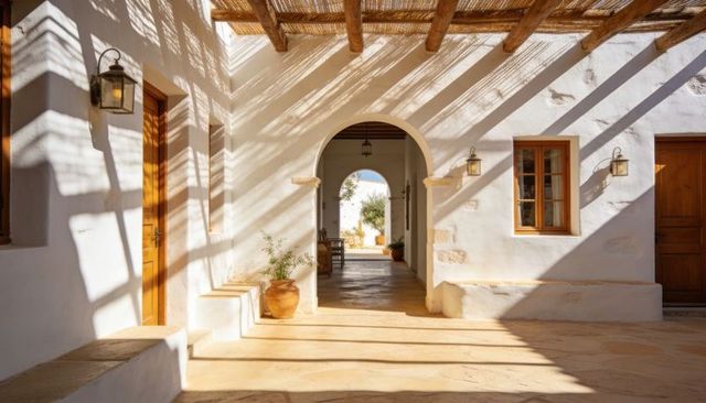 Sunlight casting pergola shadows over mediterranean courtyard archway with stone floor