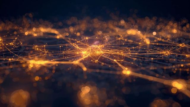 Radiating central network hub glowing with golden nodes and lines in abstract space