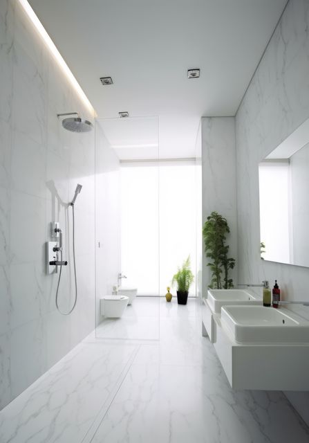 White marble walls give this modern bathroom a sleek, luxurious look. With double sinks, a spacious open shower, and minimal decor, this image shows contemporary style and fastidious cleanliness. Ideal for articles on home renovation, interior design inspiration, bathroom storage solutions, or real estate listings showcasing upscale homes.