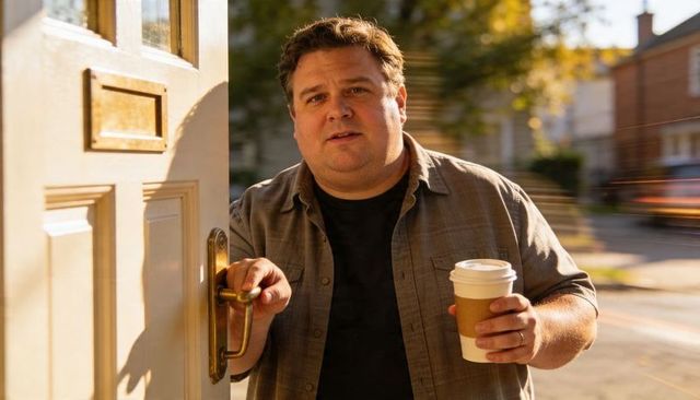 Man reaching for door handle while holding takeaway coffee on sunny porch