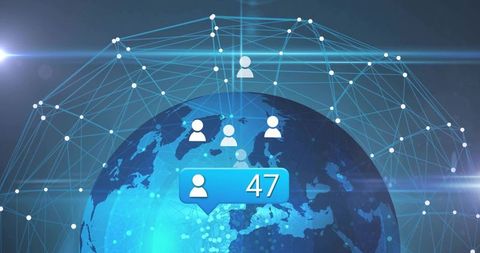 Global digital network with user icons, notification badge 47, futuristic connectivity