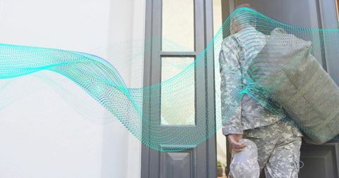 Mature soldier carrying duffel bag entering doorway with teal digital wave overlay