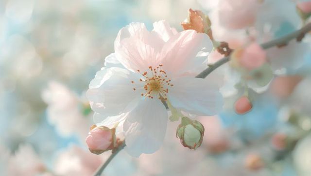 Pastel sakura bloom close-up with soft bokeh and delicate pink-white petals