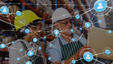 Warehouse Workers Analyzing Product with Digital Connections