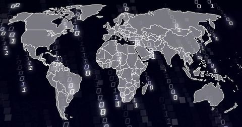 Global Digital Network Map Streaming Binary Data Overlaid on Tiled Grid with Neon Glow