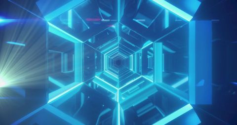Futuristic neon hexagon tunnel with vibrant blue glow