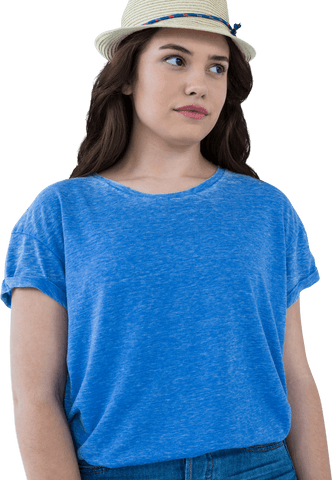 Caucasian Woman in Blue T-shirt and Straw Hat on Transparent Background