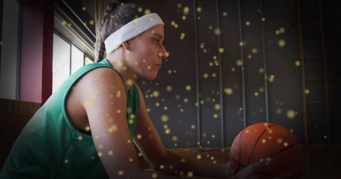 Focused Female Basketball Player Resting with Ball