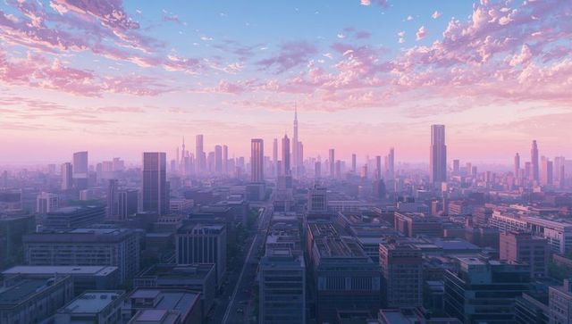 Pastel sunrise skyline stretching to horizon with central spire tower and grid streets
