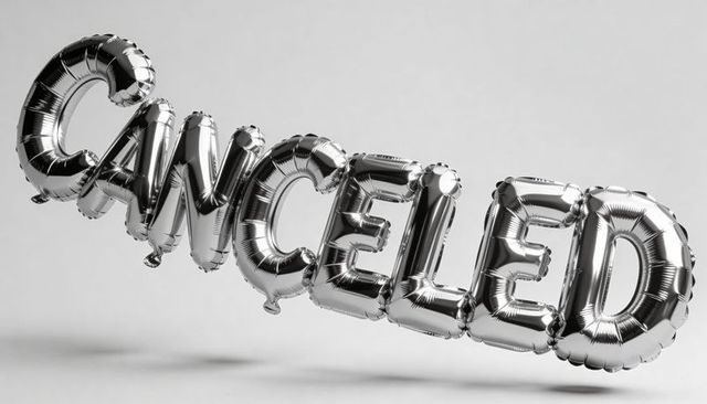 Floating silver foil letter balloons spelling cancelled drifting across white studio backdrop