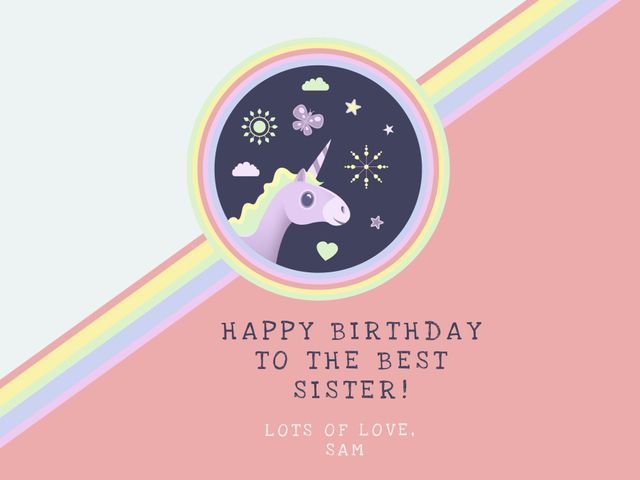 This whimsical unicorn birthday card features pastel colors and a cute unicorn illustration, perfect for celebrating a sister's birthday. Ideal for children and adults who appreciate magical and fun designs. Customize with a personal message for a special touch. Suitable for print or digital greeting cards.