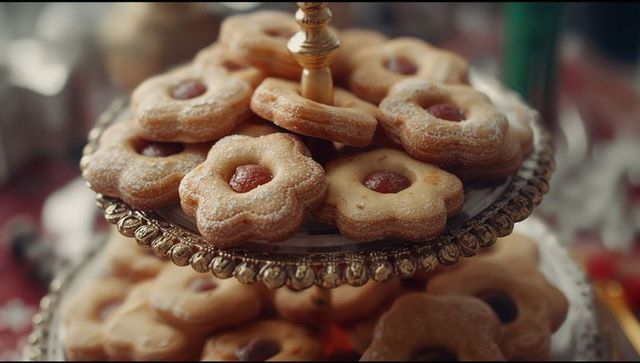 Vintage tiered tray with jam-filled flower cookies dusting sugar