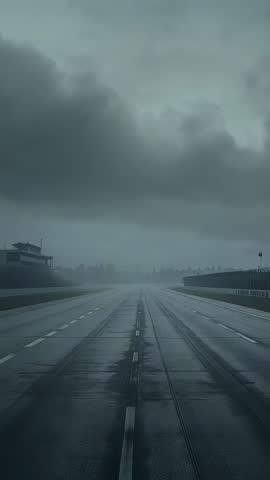 Vertical video tracking wet runway centerline stretching toward storm clouds with control tower