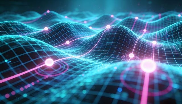 Neon wireframe landscape with glowing nodes and magenta data trails