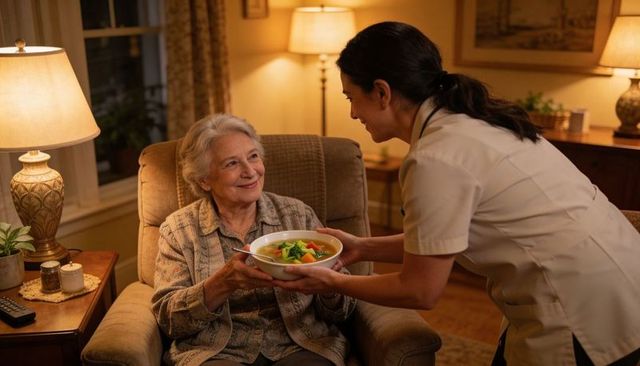 Caregiver serving warm vegetable soup to smiling senior woman in cozy living room