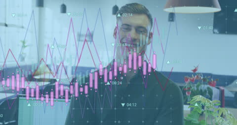 Smiling Businessman Surrounded by Data Analytics Graphics in Modern Office
