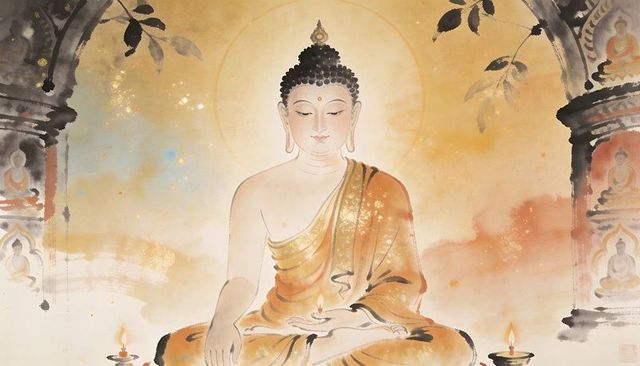 Serene seated buddha wearing saffron robe with golden halo, oil lamps and gilded aura