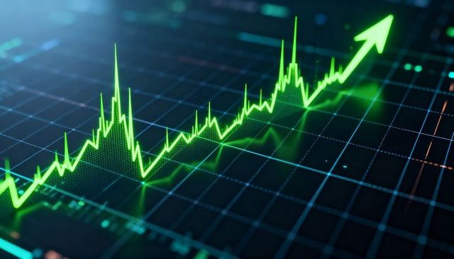 Neon green trading chart climbing with upward arrow on futuristic financial dashboard