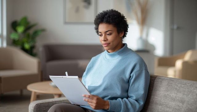 Sitting woman using stylus on tablet clipboard while studying in modern living room
