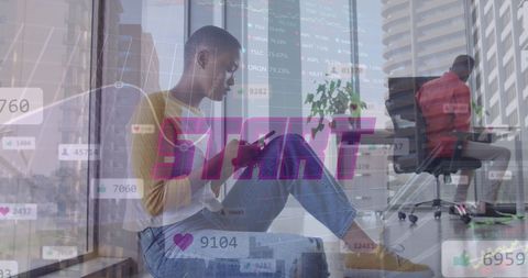 Young Businesswoman Using Tablet with Digital Social Media Overlay