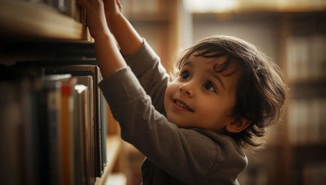 Curious preschooler reaching for book on library shelf in warm golden light