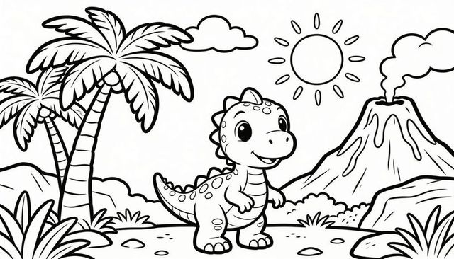 Cute cartoon dinosaur standing on tropical island watching smoking volcano coloring page