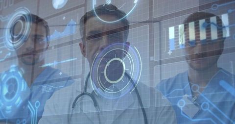 Doctors Collaborating with Futuristic Digital Interfaces in Hospital