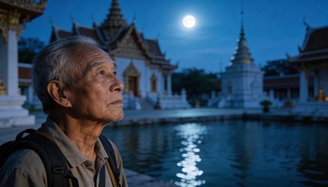 Senior asian traveler gazing at moonlit temple reflection over pond night pilgrimage