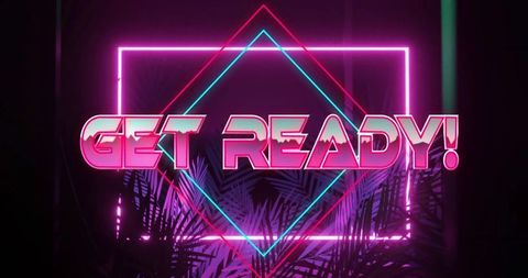 Neon Get Ready Sign on Dark Stage with Palm Leaves