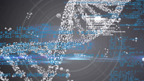 DNA Helix Amidst Digital Data Overlay Visualizing Biotech Future