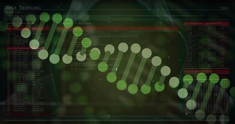 Projecting translucent green dna helix across cybersecurity terminal with neon code panels