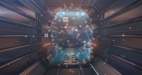 Futuristic Human Head Data Overlay in Neon Tunnel