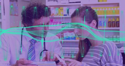 Clinician explaining medication to teen at pharmacy counter with digital waveform overlay