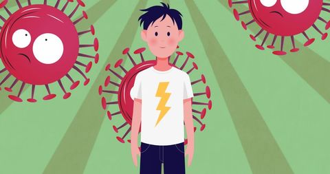 Illustration of Boy Among Giant Cartoon Virus Cells