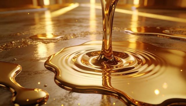 Pouring liquid gold forming concentric ripples on reflective metallic surface