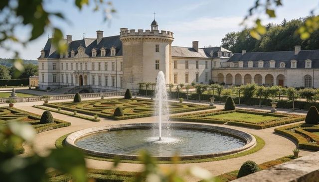 Classical french chateau overlooking formal parterre garden with central fountain