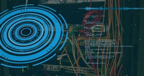 Network switch and code overlay illustrating cybersecurity