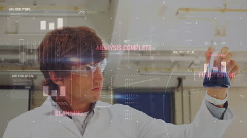 Scientist Examining Liquid in Lab with Digital Interfaces