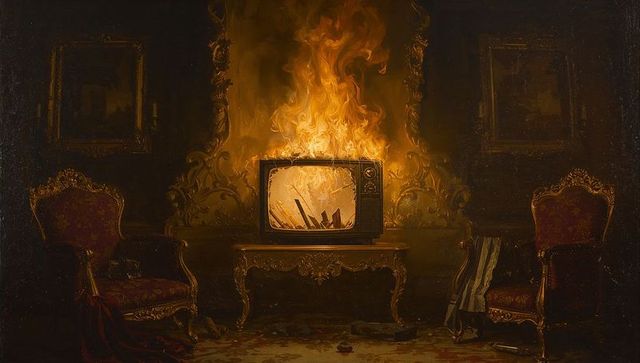 Burning CRT Television Erupts in Opulent Baroque Room