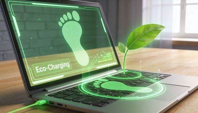 Eco-charging laptop showing holographic footprint with sprout growing from keyboard and usb cable