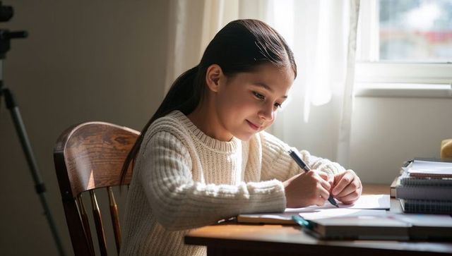 Young student writing at sunlit desk in cozy sweater, focused on homework and learning