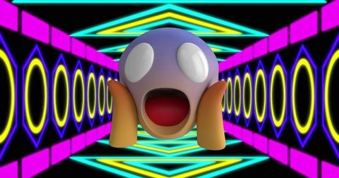 Surprised Emoji in Retro Futuristic Neon Tunnel