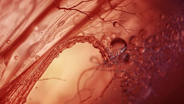 Macro liquid arch forming with chain of bubbles and droplets, red gel surface tension abstract