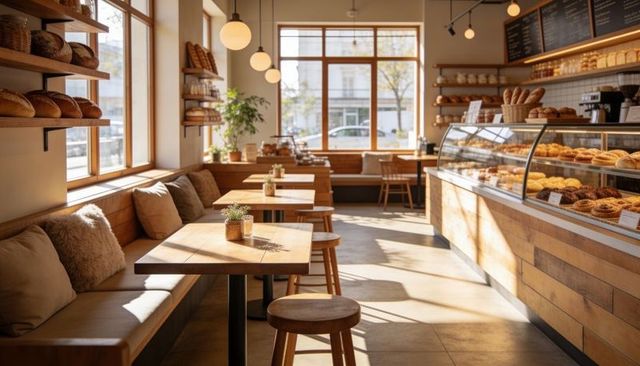 Sunlit rustic bakery interior with wooden tables, cushioned bench and glass pastry display