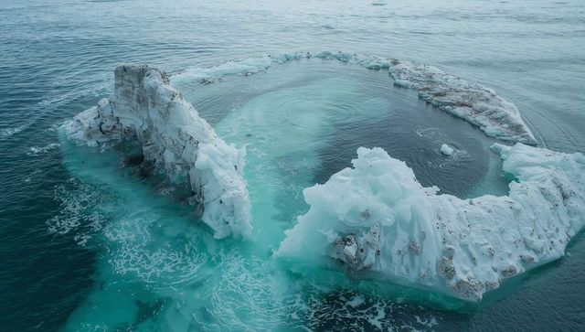 Breaking ring of arctic sea ice enclosing turquoise melt pool, aerial glacial lagoon vista
